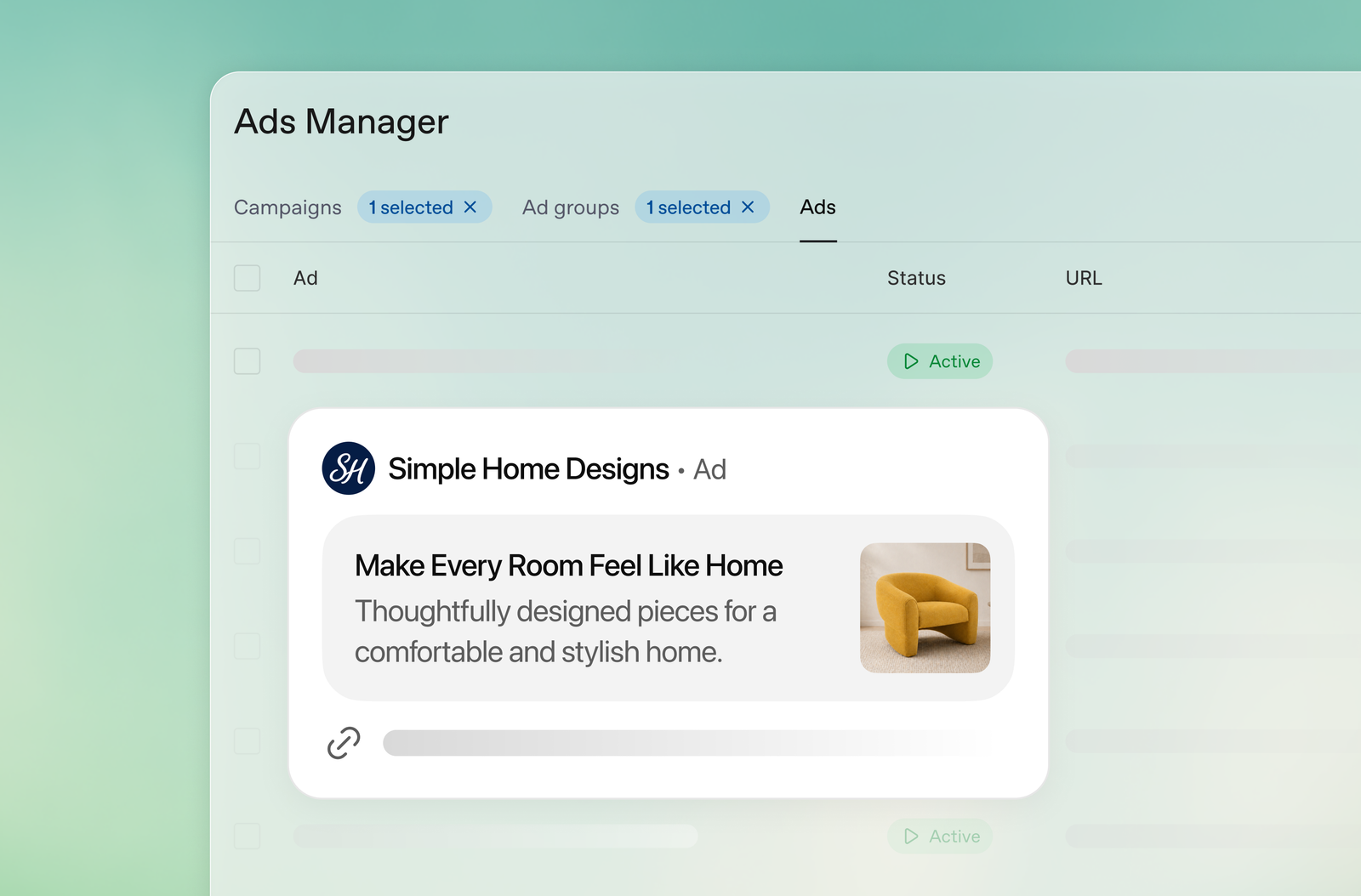 OpenAI Ads Manager campaign selection with sponsored ad preview in ChatGPT
