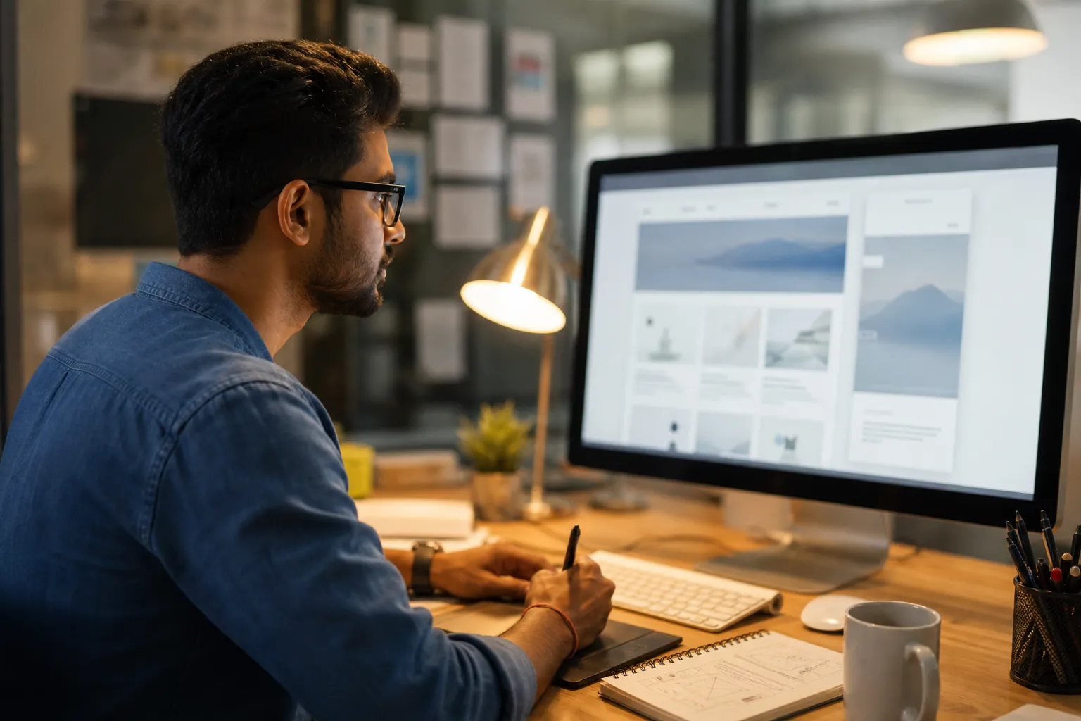 Designer creating a website layout on a PC