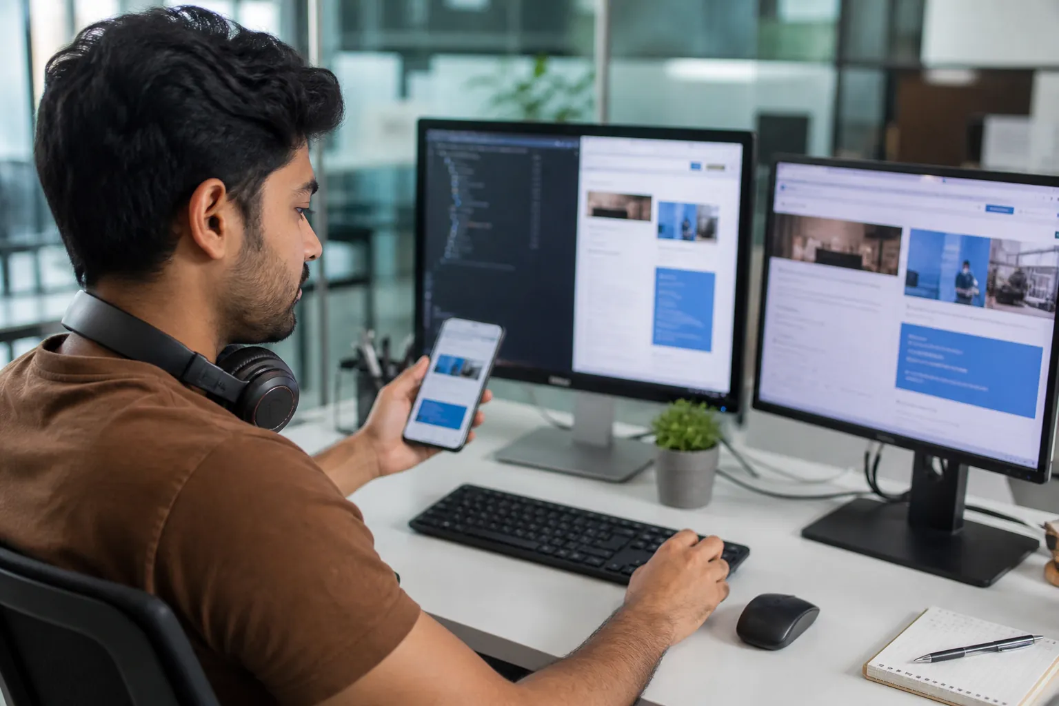 Developer testing a website on desktop and mobile