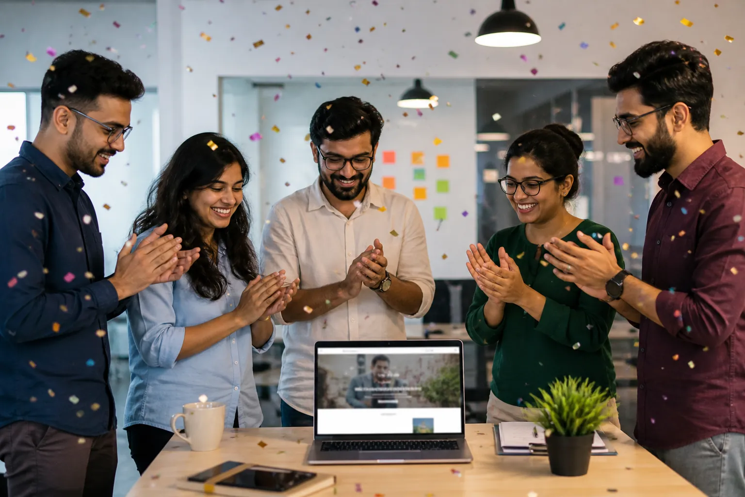 Team celebrating a website launch with confetti